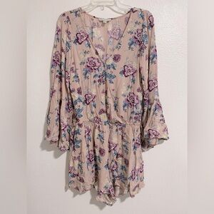 American Eagle Purple & Blue Floral Romper w/Pockets Long Bell Sleeves sz Medium